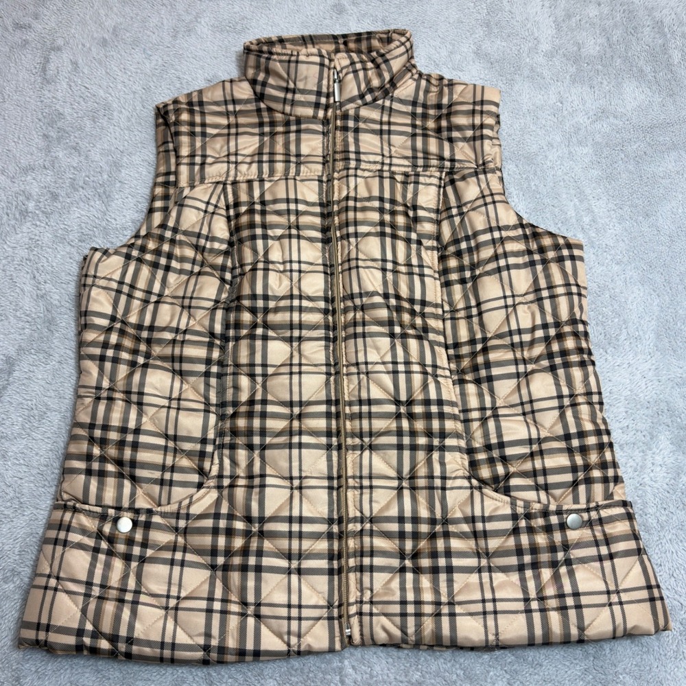 Jane Ashley Quilted Puffer Vest Womens Large Tan Plaid Zip Up Sleeveless Jacket